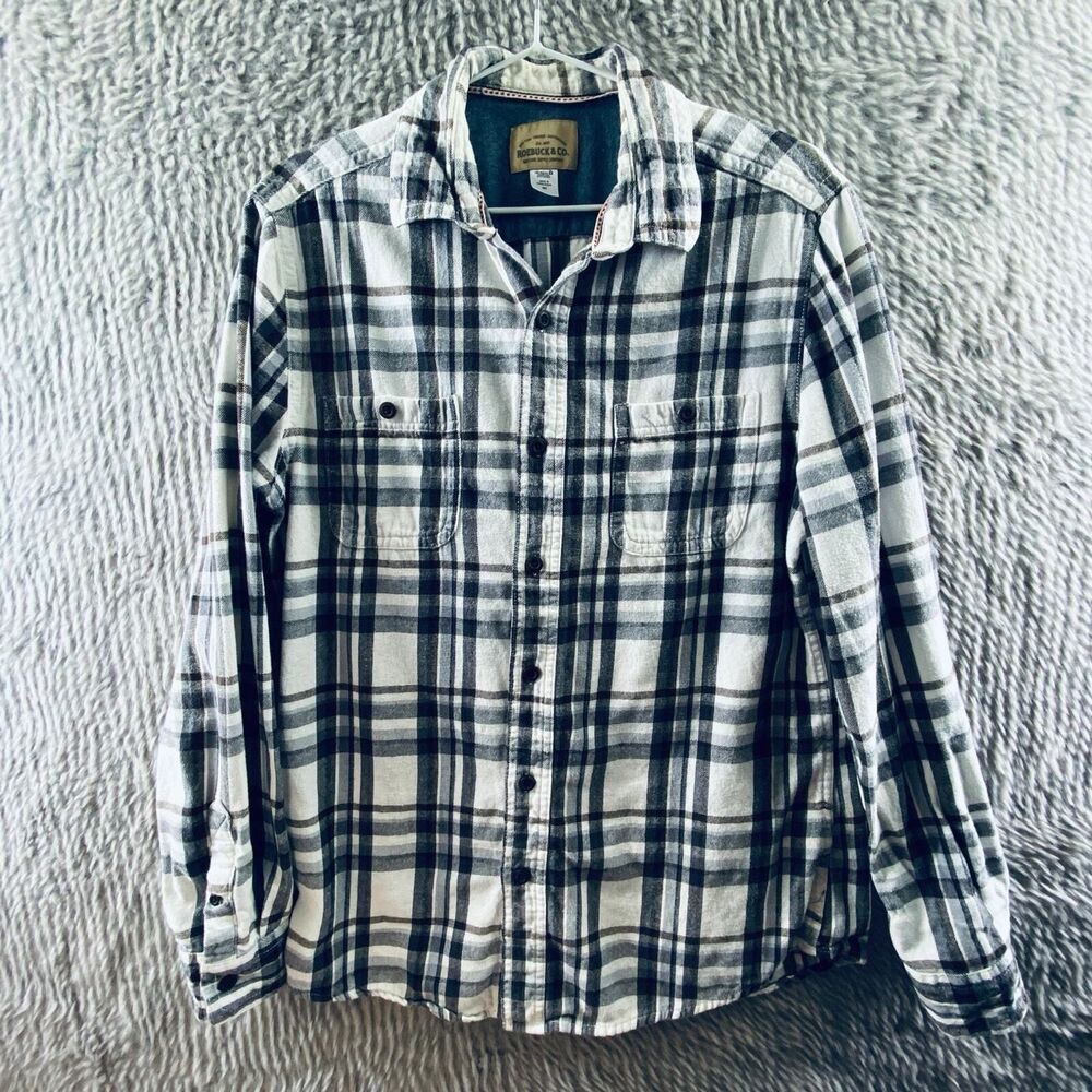 Roebuck and Co Men's Medium Button Up Flannel Shirt Blue White Plaid
